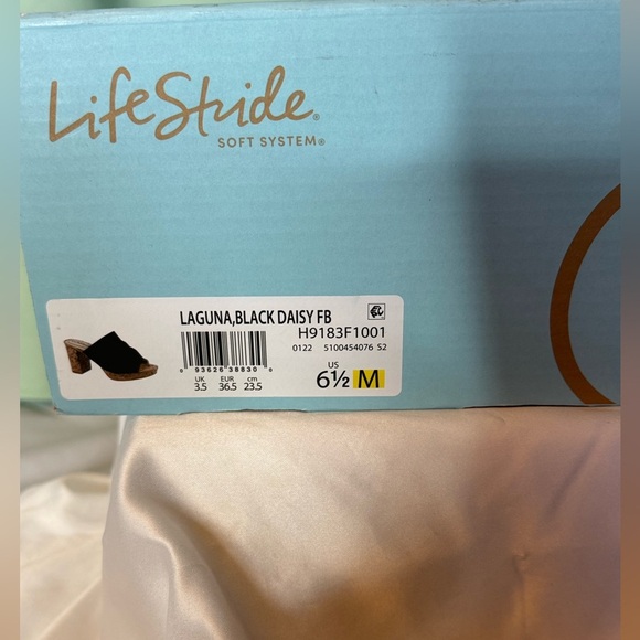 Life Stride Black Wedge Sandals Size 6.5 – Cork Heel, Open Toe, New - Picture 9 of 9